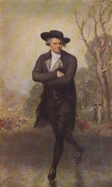 Featured is a postcard image of the painting "The Skater" by Gilbert Stuart (part of the US National Gallery Collections).  It depicts an 18th century gentleman ice skating along a frozen river.  The original postcard is for sale in The unltd.com Store.